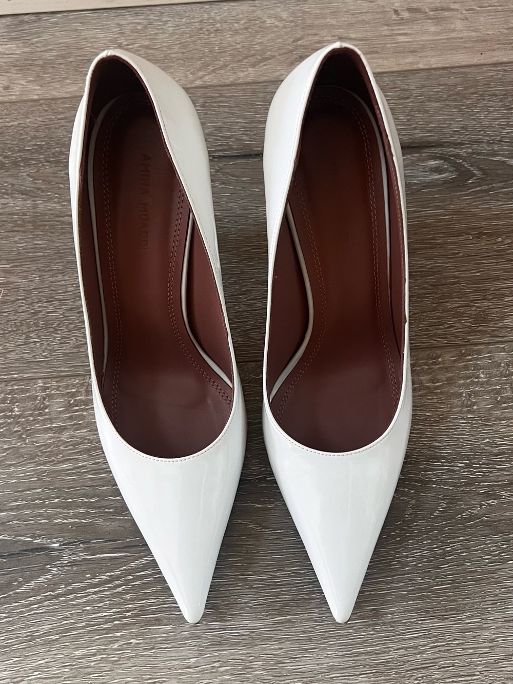 Amina Muaddi White Patent Pointed-Toe Women's Pumps - Picture 2 of 5